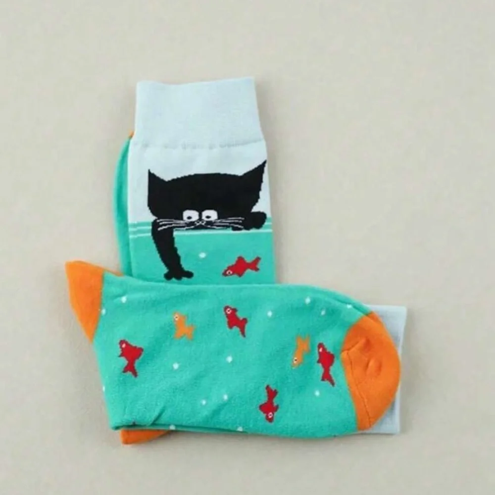 Aqua orange black cat catching fish Womens crew socks cute gift for cat lovers